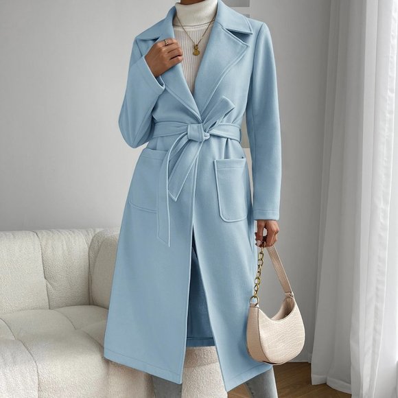 Baby Blue Preppy Womens Lapel Neck Dual Pocket Belted Overcoat - Picture 4 of 5